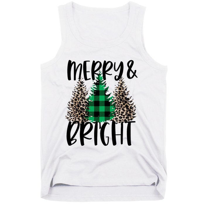 Merry And Bright Christmas Leopard Print Tree Buffalo Plaid Tank Top