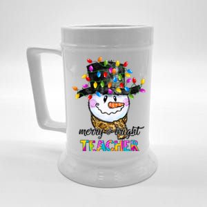 Merry And Bright Teacher Snowman Christmas Light Funny Beer Stein