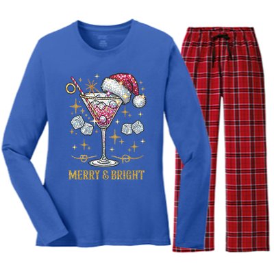 Merry And Bright Christmas Martini Cocktail Santa Hat Xmas Meaningful Gift Women's Long Sleeve Flannel Pajama Set 