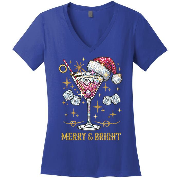 Merry And Bright Christmas Martini Cocktail Santa Hat Xmas Meaningful Gift Women's V-Neck T-Shirt