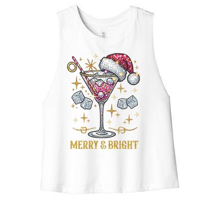 Merry And Bright Christmas Martini Cocktail Santa Hat Xmas Meaningful Gift Women's Racerback Cropped Tank