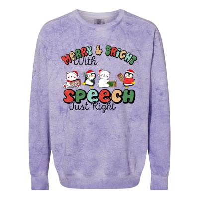 Merry And Bright With Speech Just Right Xmas Speech Therapy Colorblast Crewneck Sweatshirt