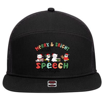 Merry And Bright With Speech Just Right Xmas Speech Therapy 7 Panel Mesh Trucker Snapback Hat