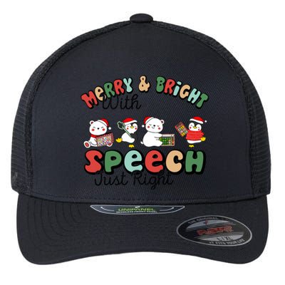 Merry And Bright With Speech Just Right Xmas Speech Therapy Flexfit Unipanel Trucker Cap