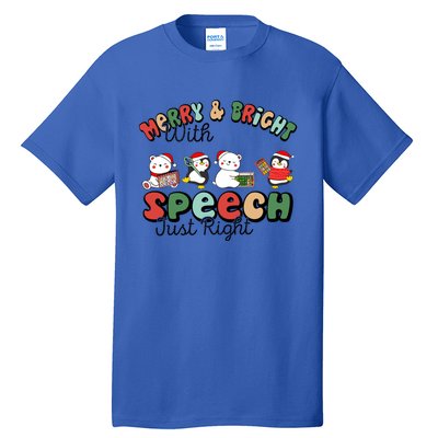 Merry And Bright With Speech Just Right Xmas Speech Therapy Tall T-Shirt