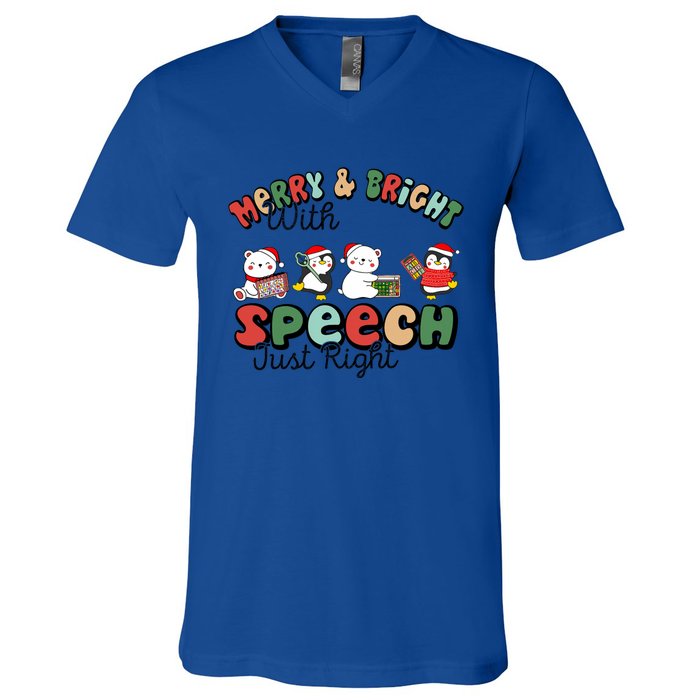 Merry And Bright With Speech Just Right Xmas Speech Therapy V-Neck T-Shirt