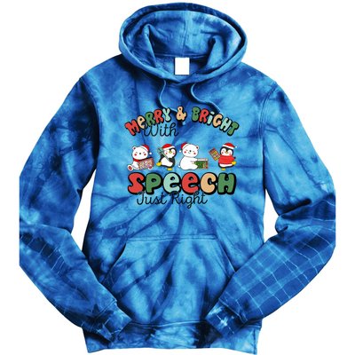 Merry And Bright With Speech Just Right Xmas Speech Therapy Tie Dye Hoodie