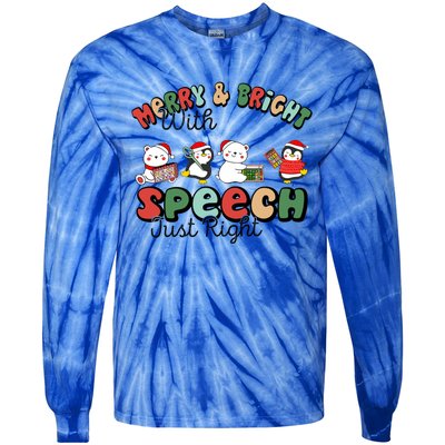 Merry And Bright With Speech Just Right Xmas Speech Therapy Tie-Dye Long Sleeve Shirt