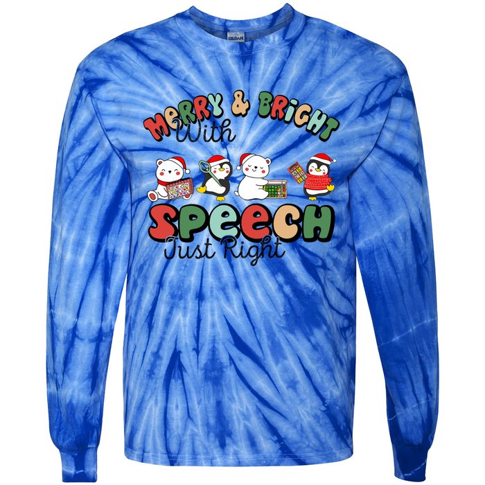 Merry And Bright With Speech Just Right Xmas Speech Therapy Tie-Dye Long Sleeve Shirt