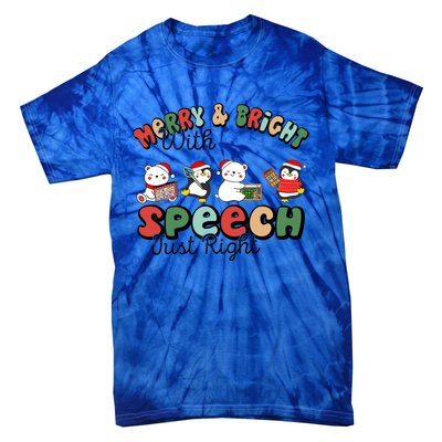 Merry And Bright With Speech Just Right Xmas Speech Therapy Tie-Dye T-Shirt