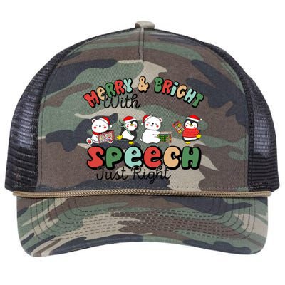 Merry And Bright With Speech Just Right Xmas Speech Therapy Retro Rope Trucker Hat Cap