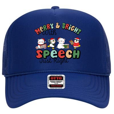 Merry And Bright With Speech Just Right Xmas Speech Therapy High Crown Mesh Back Trucker Hat