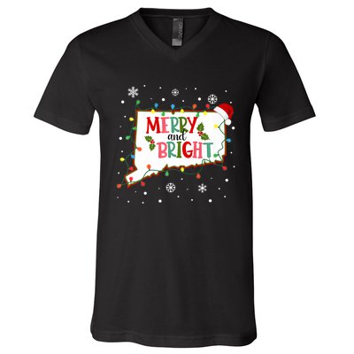 Merry And Bright Christmas Lights Xmas Connecticut State Premium V-Neck T-Shirt