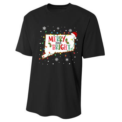 Merry And Bright Christmas Lights Xmas Connecticut State Premium Performance Sprint T-Shirt