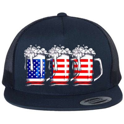 Men American Beer 4th Of July American Flag Flat Bill Trucker Hat