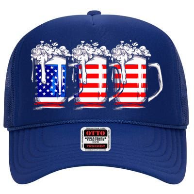 Men American Beer 4th Of July American Flag High Crown Mesh Back Trucker Hat