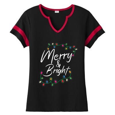 Merry And Bright Christmas Lights Xmas Holiday Family Match Ladies Halftime Notch Neck Tee