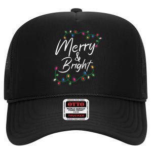 Merry And Bright Christmas Lights Xmas Holiday Family Match High Crown Mesh Back Trucker Hat