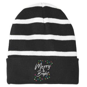 Merry And Bright Christmas Lights Xmas Holiday Family Match Striped Beanie with Solid Band