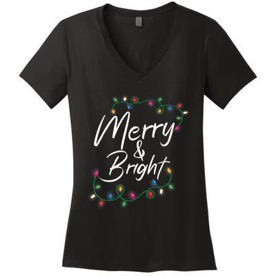 Merry And Bright Christmas Lights Xmas Holiday Family Match Women's V-Neck T-Shirt