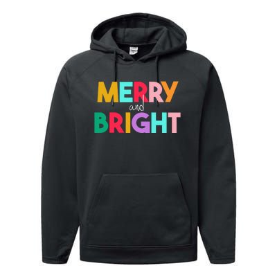 Merry And Bright Christmas Modern Colorful Holiday Long Sleeve Performance Fleece Hoodie