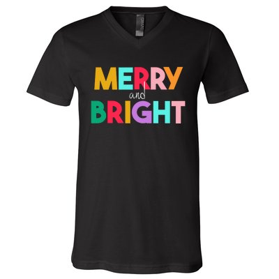 Merry And Bright Christmas Modern Colorful Holiday Long Sleeve V-Neck T-Shirt