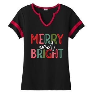 Merry And Bright Christmas Pajama Cute Xmas Holiday Ladies Halftime Notch Neck Tee