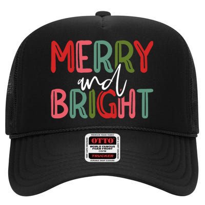 Merry And Bright Christmas Pajama Cute Xmas Holiday High Crown Mesh Back Trucker Hat