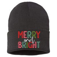 Merry And Bright Christmas Pajama Cute Xmas Holiday Sustainable Knit Beanie