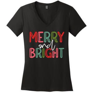 Merry And Bright Christmas Pajama Cute Xmas Holiday Women's V-Neck T-Shirt