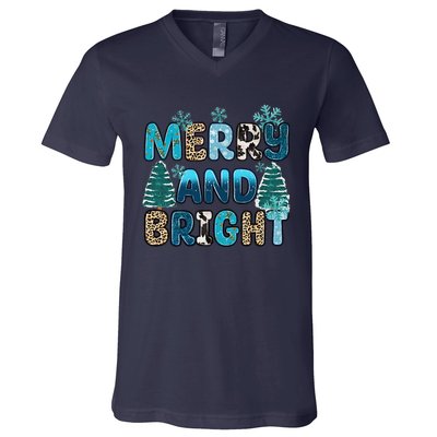 Merry And Bright Winter Xmas Tree Lights Western Christmas V-Neck T-Shirt