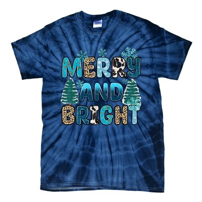 Merry And Bright Winter Xmas Tree Lights Western Christmas Tie-Dye T-Shirt