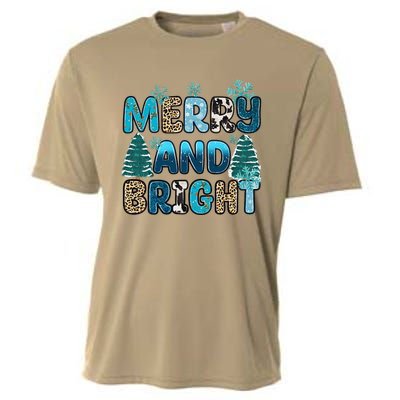 Merry And Bright Winter Xmas Tree Lights Western Christmas Cooling Performance Crew T-Shirt