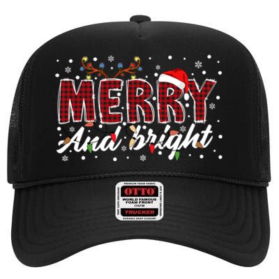 Merry And Bright Buffalo Plaid Red Santa Hat Christmas Xmas High Crown Mesh Back Trucker Hat