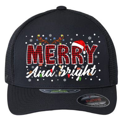 Merry And Bright Buffalo Plaid Red Santa Hat Christmas Xmas Flexfit Unipanel Trucker Cap