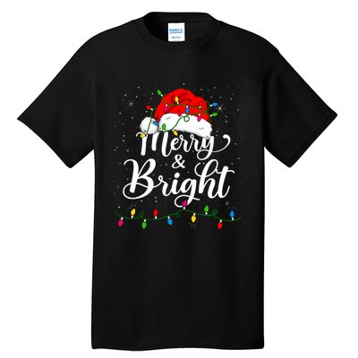 Merry And Bright Christmas Lights Santa Hat Xmas Pajama 2024 Tall T-Shirt