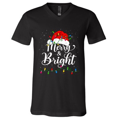 Merry And Bright Christmas Lights Santa Hat Xmas Pajama 2024 V-Neck T-Shirt