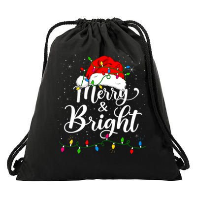 Merry And Bright Christmas Lights Santa Hat Xmas Pajama 2024 Drawstring Bag