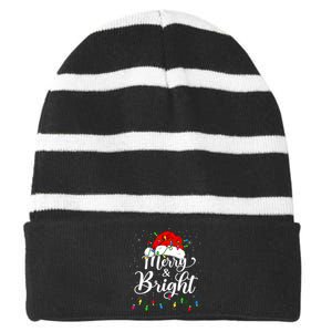 Merry And Bright Christmas Lights Santa Hat Xmas Pajama 2024 Striped Beanie with Solid Band