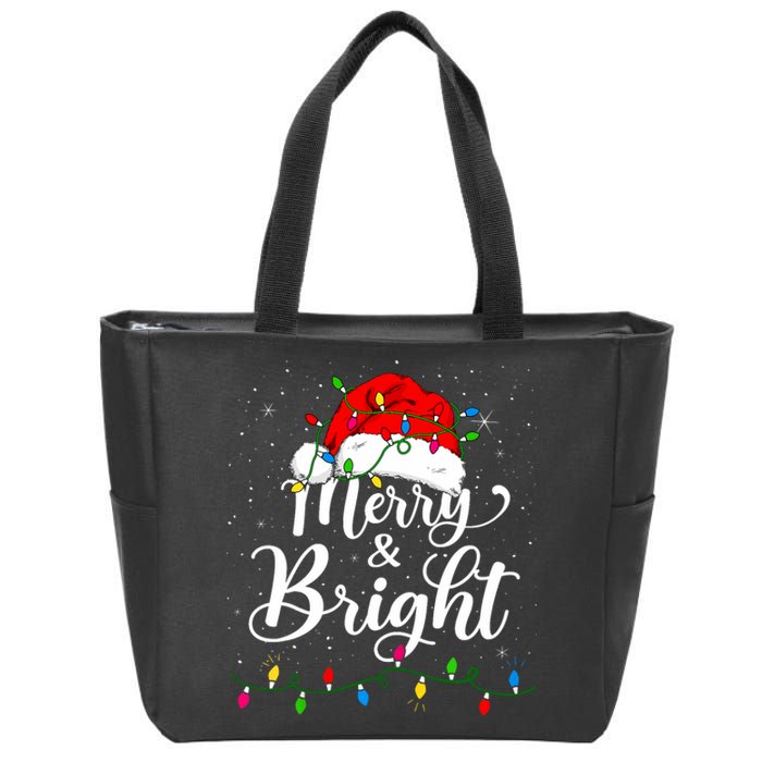 Merry And Bright Christmas Lights Santa Hat Xmas Pajama 2024 Zip Tote Bag