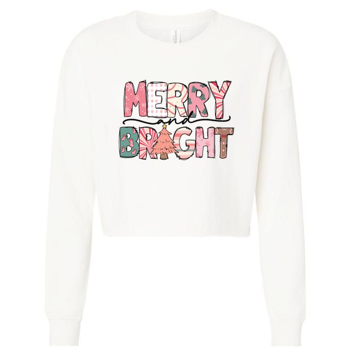 Merry And Bright Pink Christmas Cropped Pullover Crew