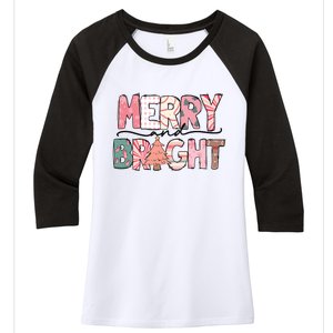 Merry And Bright Pink Christmas Women's Tri-Blend 3/4-Sleeve Raglan Shirt