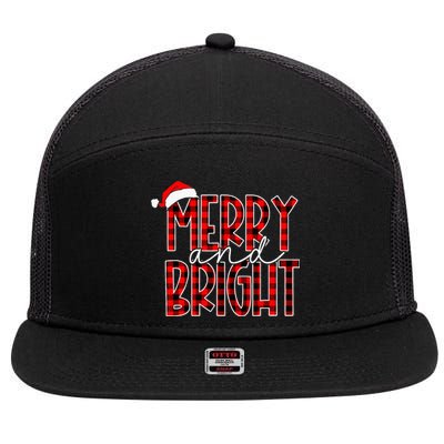 Merry and Bright Buffalo Plaid Red Santa Hat Christmas Xmas 7 Panel Mesh Trucker Snapback Hat