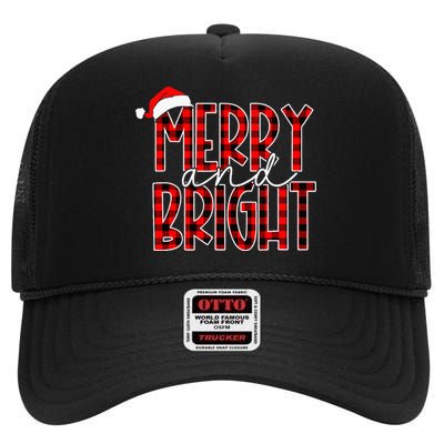 Merry and Bright Buffalo Plaid Red Santa Hat Christmas Xmas High Crown Mesh Back Trucker Hat