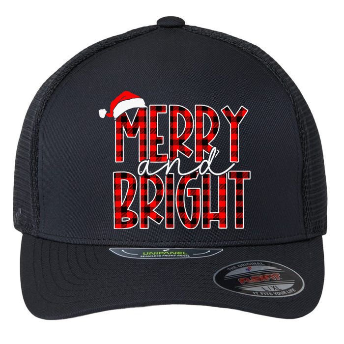 Merry and Bright Buffalo Plaid Red Santa Hat Christmas Xmas Flexfit Unipanel Trucker Cap