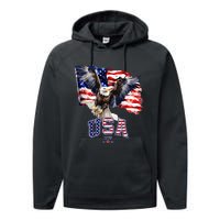 Majestic American Bald Eagle With Usa Flag Performance Fleece Hoodie