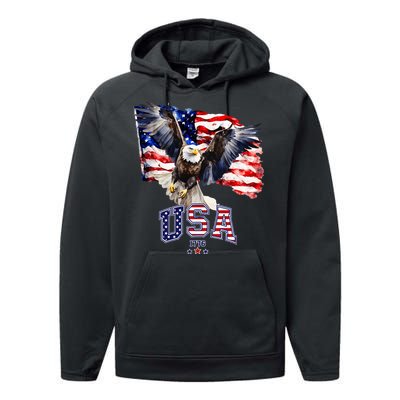 Majestic American Bald Eagle With Usa Flag Performance Fleece Hoodie