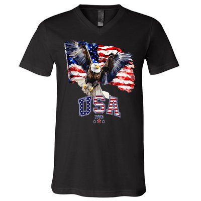 Majestic American Bald Eagle With Usa Flag V-Neck T-Shirt