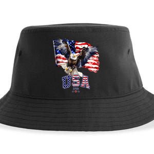 Majestic American Bald Eagle With Usa Flag Sustainable Bucket Hat