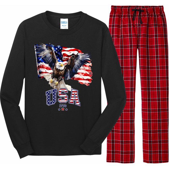 Majestic American Bald Eagle With Usa Flag Long Sleeve Pajama Set